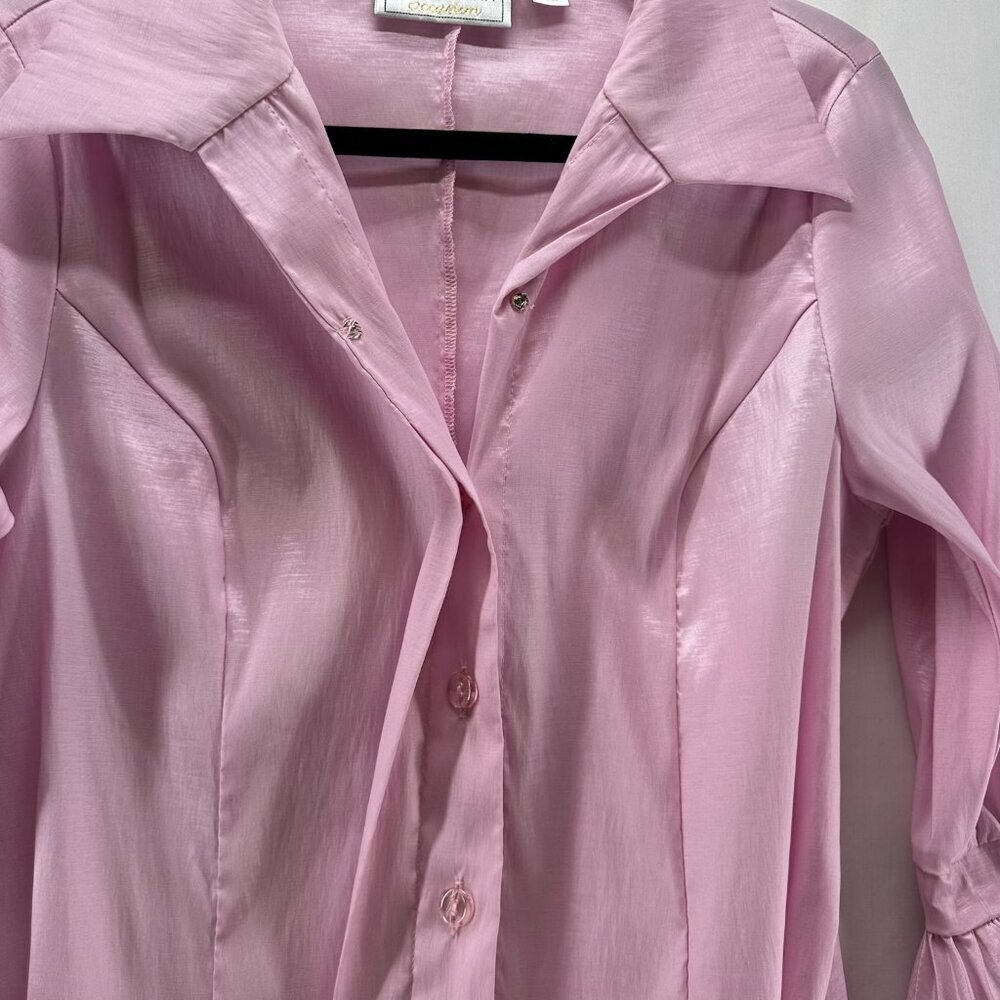 Victor Costa Top Womens S Satin Blouse Hidden Button Pleated Bell Sleeve Pink - Picture 7 of 12